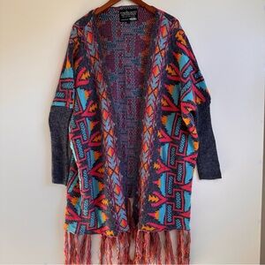 Powder River Outfitters Southwestern Cardigan Sweater Wrap Fringe Cozy Size L